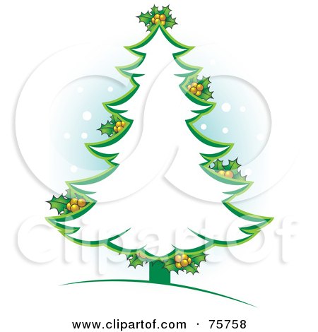Royalty-Free (RF) Clipart Illustration of a Green Christmas Tree Outline With Holly by Lal Perera