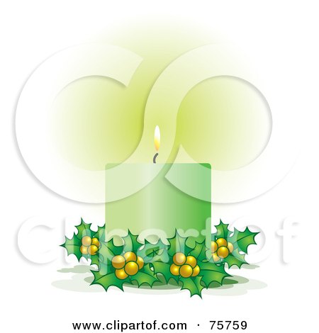 Royalty-Free (RF) Clipart Illustration of a Glowing Green Candle With Holly by Lal Perera