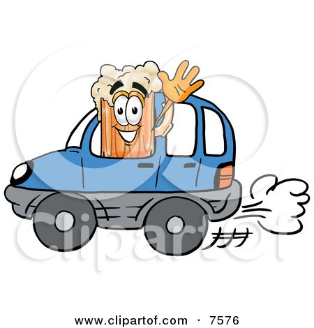Clipart Picture of a Beer Mug Mascot Cartoon Character Driving a Blue Car and Waving by Mascot Junction