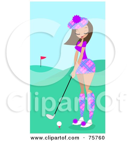 Royalty-Free (RF) Clipart Illustration of a Pretty Brunette Woman Golfing On A Course by peachidesigns
