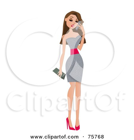Royalty-Free (RF) Clipart Illustration of a Sexy Stylish Brunette Woman In A Silver Dress And Red Heels, Talking On A Cell Phone by peachidesigns