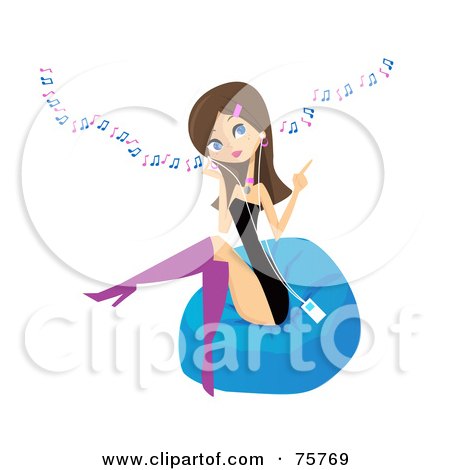 Royalty-Free (RF) Clipart Illustration of a Stylish Young Brunette Woman Sitting On A Bean Bag And Listening To Music Through An Mp3 Player by peachidesigns