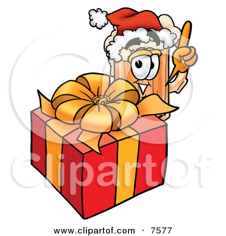 Clipart Picture of a Beer Mug Mascot Cartoon Character Standing by a Christmas Present by Mascot Junction