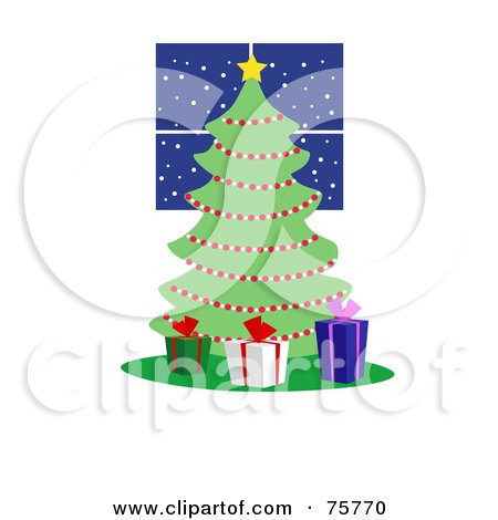 Royalty-Free (RF) Clipart Illustration of Three Gift Boxes Around A Christmas Tree Adorned In Garland By A Window by peachidesigns