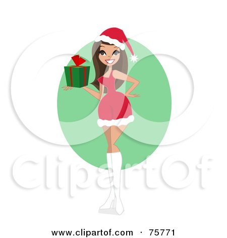 Royalty-Free (RF) Clipart Illustration of a Sexy Brunette Woman In A Santa Suit, Holding A Gift by peachidesigns