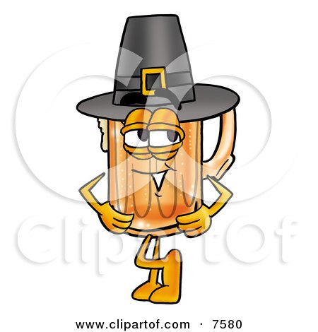 Clipart Picture of a Beer Mug Mascot Cartoon Character Wearing a Pilgrim Hat on Thanksgiving by Mascot Junction