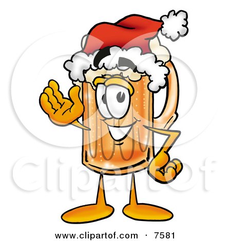 Clipart Picture of a Beer Mug Mascot Cartoon Character Wearing a Santa Hat and Waving by Mascot Junction