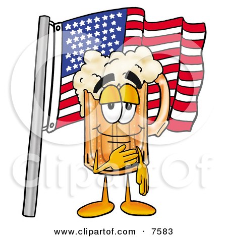 Clipart Picture of a Beer Mug Mascot Cartoon Character Pledging Allegiance to an American Flag by Mascot Junction