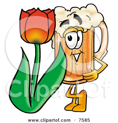 Clipart Picture of a Beer Mug Mascot Cartoon Character With a Red Tulip Flower in the Spring by Mascot Junction