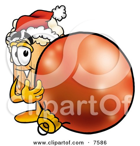 Clipart Picture of a Beer Mug Mascot Cartoon Character Wearing a Santa Hat, Standing With a Christmas Bauble by Mascot Junction