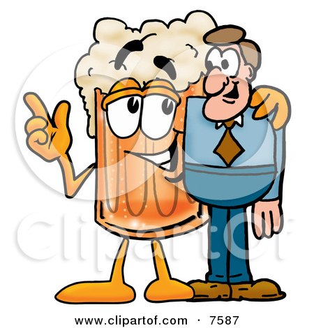 Clipart Picture of a Beer Mug Mascot Cartoon Character Talking to a Business Man by Mascot Junction