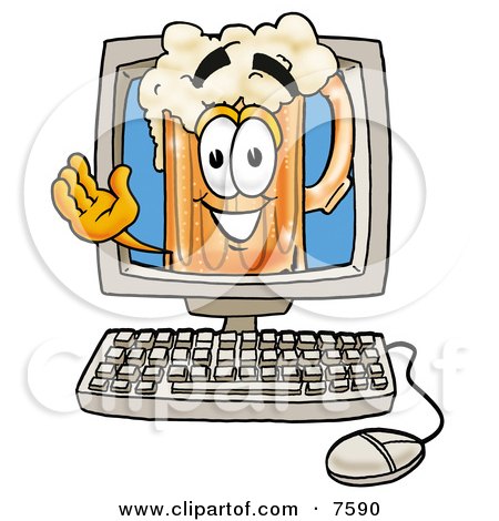 Clipart Picture of a Beer Mug Mascot Cartoon Character Waving From Inside a Computer Screen by Mascot Junction