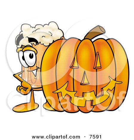 Clipart Picture of a Beer Mug Mascot Cartoon Character With a Carved Halloween Pumpkin by Mascot Junction