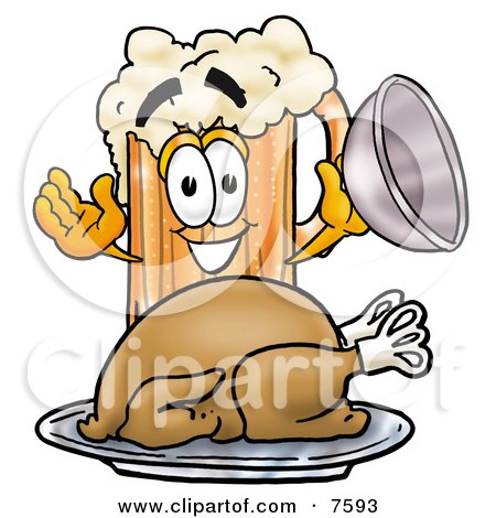 Clipart Picture of a Beer Mug Mascot Cartoon Character Serving a Thanksgiving Turkey on a Platter by Mascot Junction