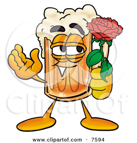 Clipart Picture of a Beer Mug Mascot Cartoon Character Holding a Red Rose on Valentines Day by Mascot Junction