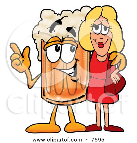 Clipart Picture of a Beer Mug Mascot Cartoon Character Talking to a Pretty Blond Woman by Mascot Junction