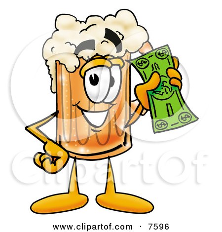Clipart Picture of a Beer Mug Mascot Cartoon Character Holding a Dollar Bill by Mascot Junction