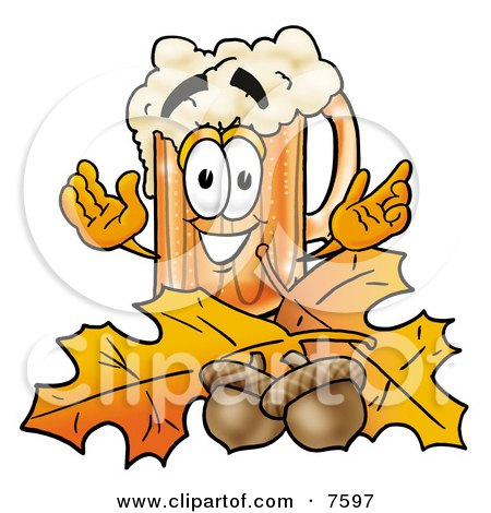 Clipart Picture of a Beer Mug Mascot Cartoon Character With Autumn Leaves and Acorns in the Fall by Mascot Junction