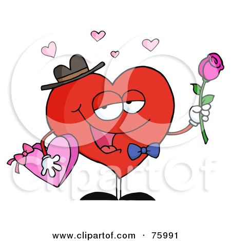 Royalty-Free (RF) Clipart Illustration of a Gentleman Heart Carrying Chocolates And A Rose by Hit Toon