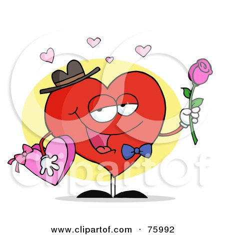 Royalty-Free (RF) Clipart Illustration of a Sweet Man Heart Carrying Chocolates And A Rose by Hit Toon