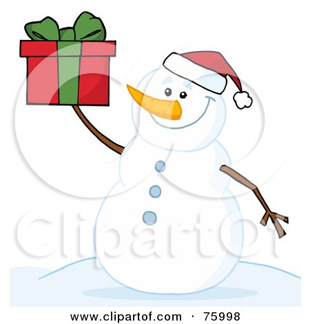 Royalty-Free (RF) Clipart Illustration of a Jolly Snowman Holding A Christmas Present by Hit Toon