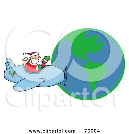 Royalty-Free (RF) Clipart Illustration of a Waving Father Christmas Flying His Plane Around The Globe by Hit Toon