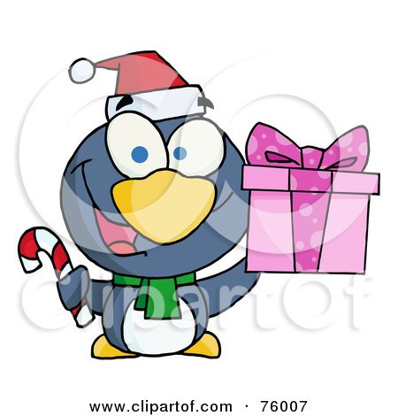Royalty-Free (RF) Clipart Illustration of a Thoughtful Christmas Penguin Holding A Present And Candy Cane by Hit Toon