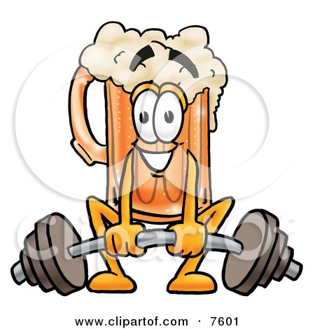 Clipart Picture of a Beer Mug Mascot Cartoon Character Lifting a Heavy Barbell by Mascot Junction