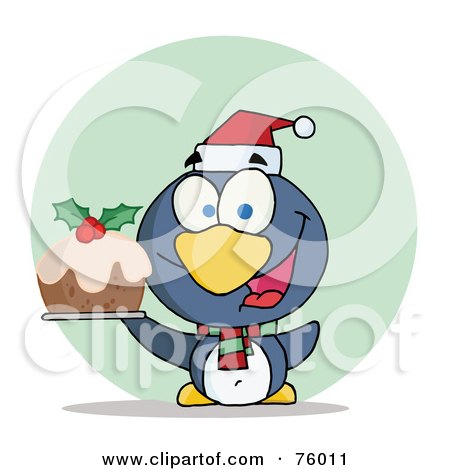 Royalty-Free (RF) Clipart Illustration of a Joyous Christmas Penguin Holding Christmas Pudding by Hit Toon