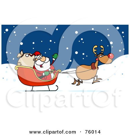 Royalty-Free (RF) Clipart Illustration of Rudolph Taking Off With Kris Kringle In His Sleigh In The Snow by Hit Toon