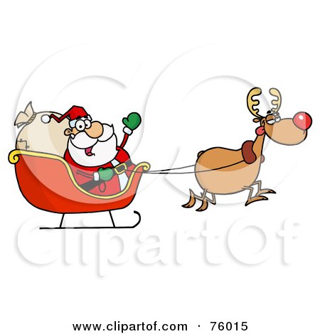 Royalty-Free (RF) Clipart Illustration of a Tired Rudolph Flying Kris Kringle In His Sleigh by Hit Toon