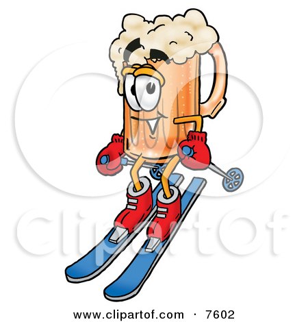 Clipart Picture of a Beer Mug Mascot Cartoon Character Skiing Downhill by Mascot Junction