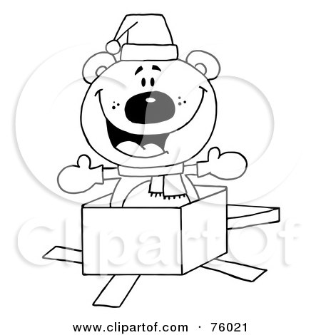 Royalty-Free (RF) Clipart Illustration of a Black And White Outline Of A Christmas Polar Bear Popping Out Of A Gift Box by Hit Toon