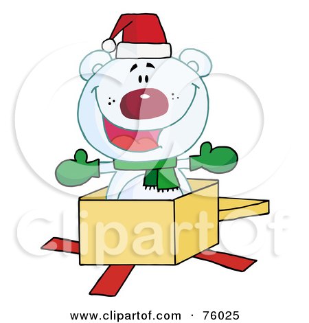 Royalty-Free (RF) Clipart Illustration of a Christmas Polar Bear Popping Out Of A Gift Box by Hit Toon
