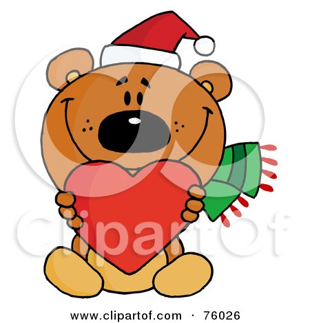 Royalty-Free (RF) Clipart Illustration of a Sweet Christmas Teddy Bear Holding A Red Heart And Wearing A Santa Hat by Hit Toon