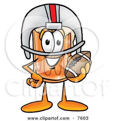Clipart Picture of a Beer Mug Mascot Cartoon Character in a Helmet, Holding a Football by Mascot Junction