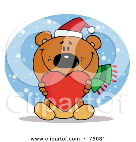 Royalty-Free (RF) Clipart Illustration of a Tender Christmas Bear Holding A Red Heart And Wearing A Santa Hat In The Snow by Hit Toon