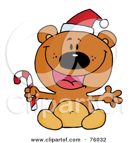 Royalty-Free (RF) Clipart Illustration of a Happy Christmas Teddy Bear Holding A Candy Cane by Hit Toon