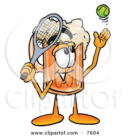 Clipart Picture of a Beer Mug Mascot Cartoon Character Preparing to Hit a Tennis Ball by Mascot Junction