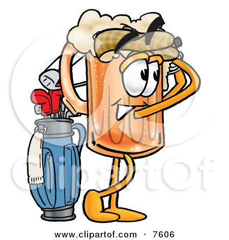 Clipart Picture of a Beer Mug Mascot Cartoon Character Swinging His Golf Club While Golfing by Mascot Junction