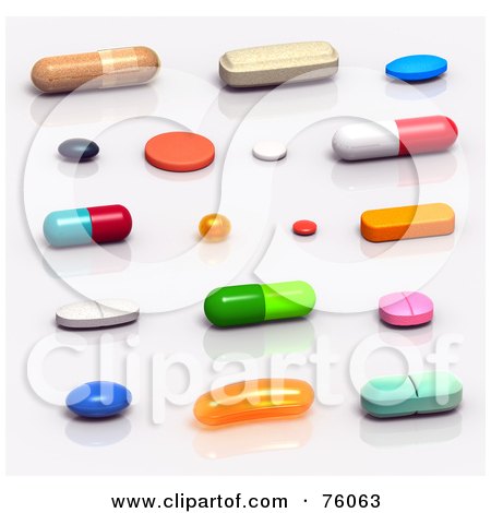 Royalty-Free (RF) Clipart Illustration of 3d Colorful Pills And Capsules Resting On A Reflective Surface by Tonis Pan