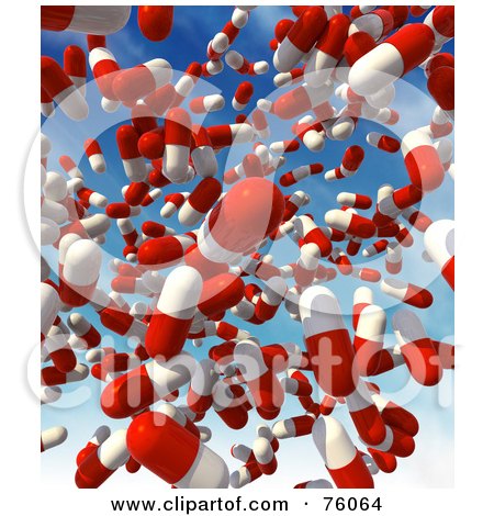 Royalty-Free (RF) Clipart Illustration of a Background Of Red And White 3d Pills Falling From The Sky by Tonis Pan