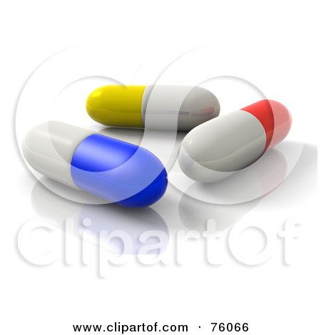 Royalty-Free (RF) Clipart Illustration of a Nearly Level View Of 3d Red, Yellow, White And Blue Pill Capsules by Tonis Pan