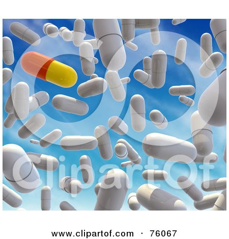 Royalty-Free (RF) Clipart Illustration of a Background Of A 3d Red And Yellow Pill With White Capsules Falling From The Sky by Tonis Pan
