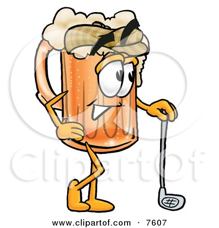 Clipart Picture of a Beer Mug Mascot Cartoon Character Leaning on a Golf Club While Golfing by Mascot Junction