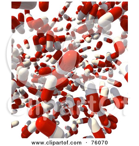 Royalty-Free (RF) Clipart Illustration of a Background Of Red And White 3d Pill Capsules Falling Over White by Tonis Pan