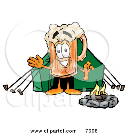 Clipart Picture of a Beer Mug Mascot Cartoon Character Camping With a Tent and Fire by Mascot Junction