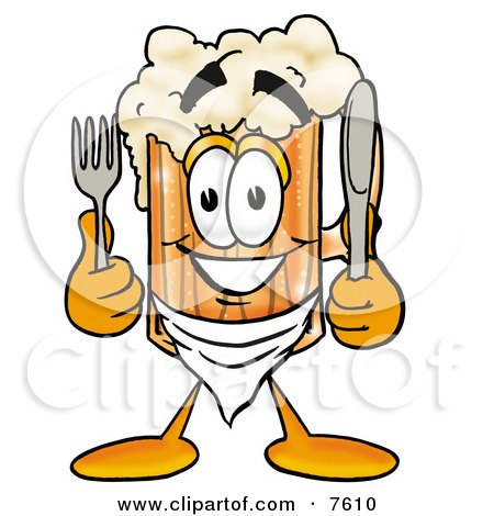 Clipart Picture of a Beer Mug Mascot Cartoon Character Holding a Knife and Fork by Mascot Junction