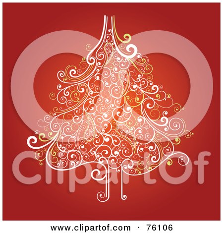 Royalty-Free (RF) Clipart Illustration of an Ornate White And Yellow Swirly Christmas Tree On Red by OnFocusMedia