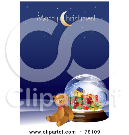Royalty-Free (RF) Clipart Illustration of a Teddy Bear Leaning Against A Present Snow Globe With Merry Christmas Text On Blue by Eugene